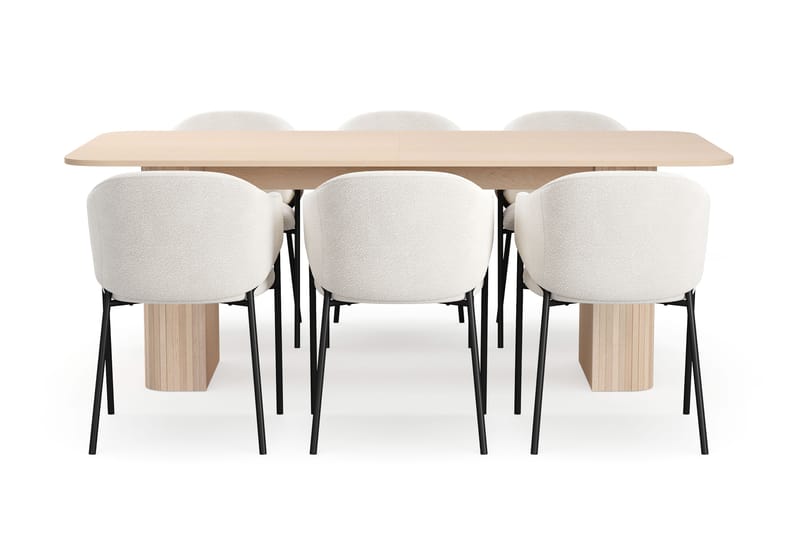 Kopparbo Matbord 200-260 cm Förlängningsbart med illäggsskiv med 6 Filip Matstolar - Vit / Vit Bouclé - Möbler - Matplats - Matgrupp & matbord med stolar