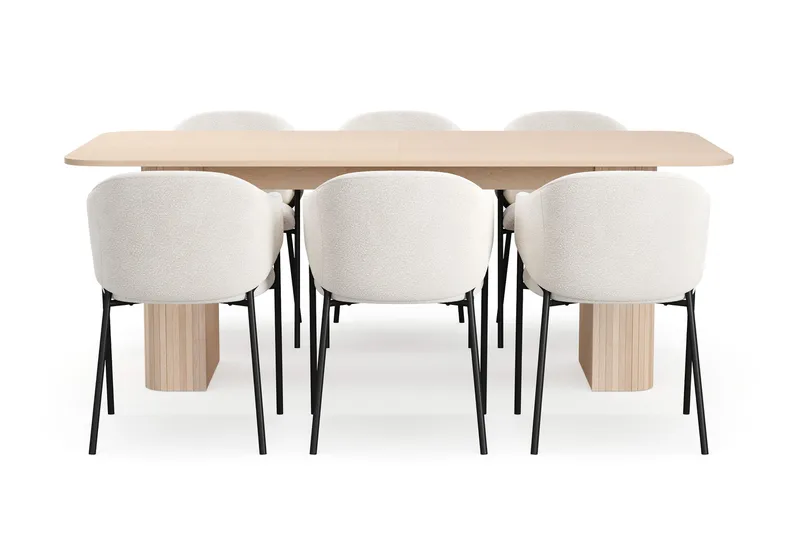 Kopparbo Matbord 200-260 cm Förlängningsbart med illäggsskiv med 6 Filip Matstolar - Vit / Vit Bouclé - Möbler - Matplats - Matgrupp & matbord med stolar