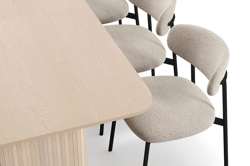 Kopparbo Matbord 200-260 cm Förlängningsbart med illäggsskiv med 6 Lucy Matstolar - Vit / Greige Bouclé / Metallben Svart - Möbler - Matplats - Matgrupp & matbord med stolar