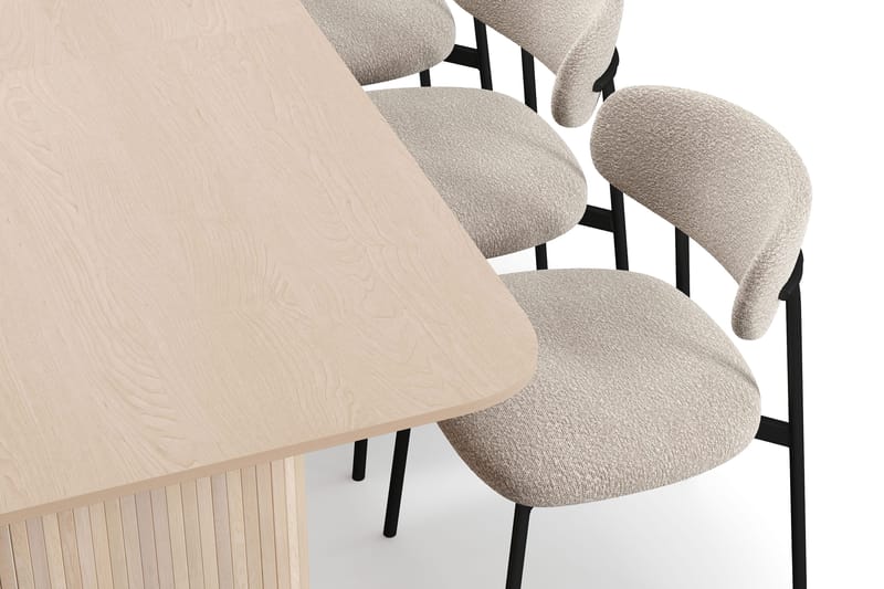 Kopparbo Matbord 200-260 cm Förlängningsbart med illäggsskiv med 6 Lucy Matstolar - Vit / Greige Bouclé / Metallben Svart - Möbler - Matplats - Matgrupp & matbord med stolar