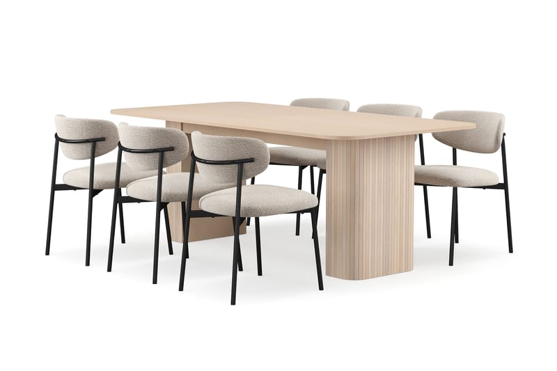 Kopparbo Matbord 200-260 cm Förlängningsbart med illäggsskiv med 6 Lucy Matstolar, Vit / Greige Bouclé / Metallben Svart