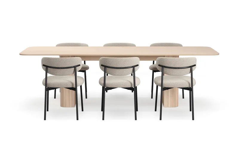 Kopparbo Matbord 200-260 cm Förlängningsbart med illäggsskiv med 6 Lucy Matstolar - Vit / Greige Bouclé / Metallben Svart - Möbler - Matplats - Matgrupp & matbord med stolar