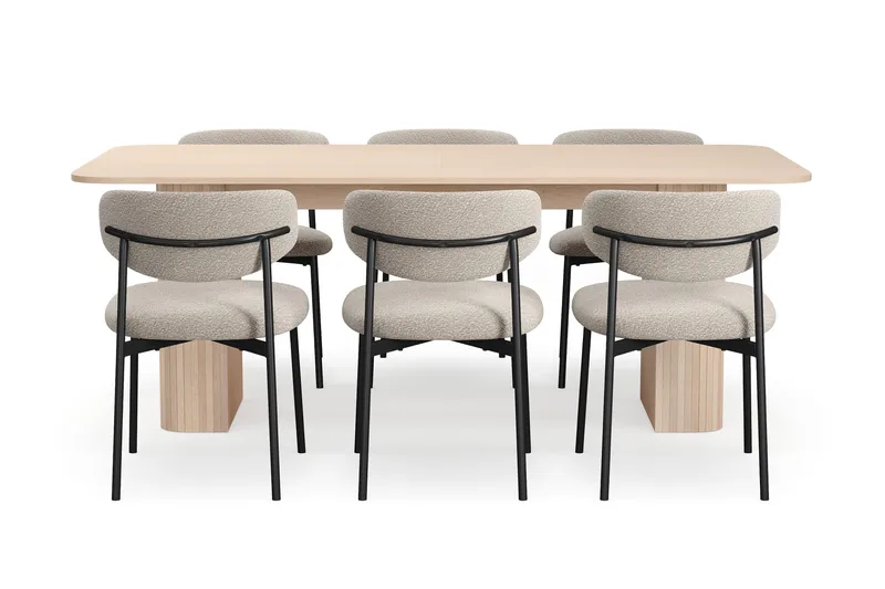 Kopparbo Matbord 200-260 cm Förlängningsbart med illäggsskiv med 6 Lucy Matstolar - Vit / Greige Bouclé / Metallben Svart - Möbler - Matplats - Matgrupp & matbord med stolar