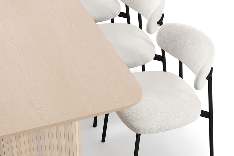 Kopparbo Matbord 200-260 cm Förlängningsbart med illäggsskiv med 6 Lucy Matstolar - Vit / Vit Bouclé / Metallben Svart - Möbler - Matplats - Matgrupp & matbord med stolar