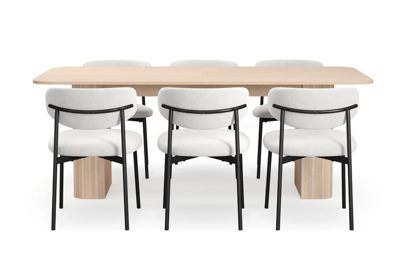 Kopparbo Matbord 200-260 cm Förlängningsbart med illäggsskiv med 6 Lucy Matstolar - Vit / Vit Bouclé / Metallben Svart - Möbler - Matplats - Matgrupp & matbord med stolar