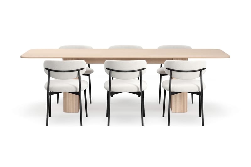 Kopparbo Matbord 200-260 cm Förlängningsbart med illäggsskiv med 6 Lucy Matstolar - Vit / Vit Bouclé / Metallben Svart - Möbler - Matplats - Matgrupp & matbord med stolar