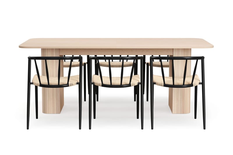 Kopparbo Matbord 200-260 cm Förlängningsbart med illäggsskiv med 6 Winston Matstolar - Vit / Beige / Metallben Svart - Möbler - Matplats - Matgrupp & matbord med stolar