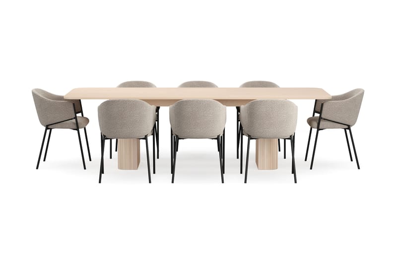 Kopparbo Matbord 200-260 cm Förlängningsbart med illäggsskiv med 8 Filip Matstolar - Vit / Taupe Bouclé - Möbler - Matplats - Matgrupp & matbord med stolar