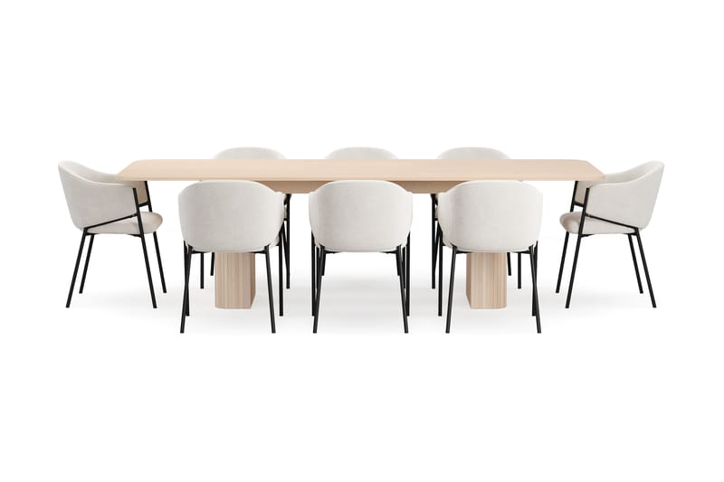 Kopparbo Matbord 200-260 cm Förlängningsbart med illäggsskiv med 8 Filip Matstolar - Vit / Vit Bouclé - Möbler - Matplats - Matgrupp & matbord med stolar