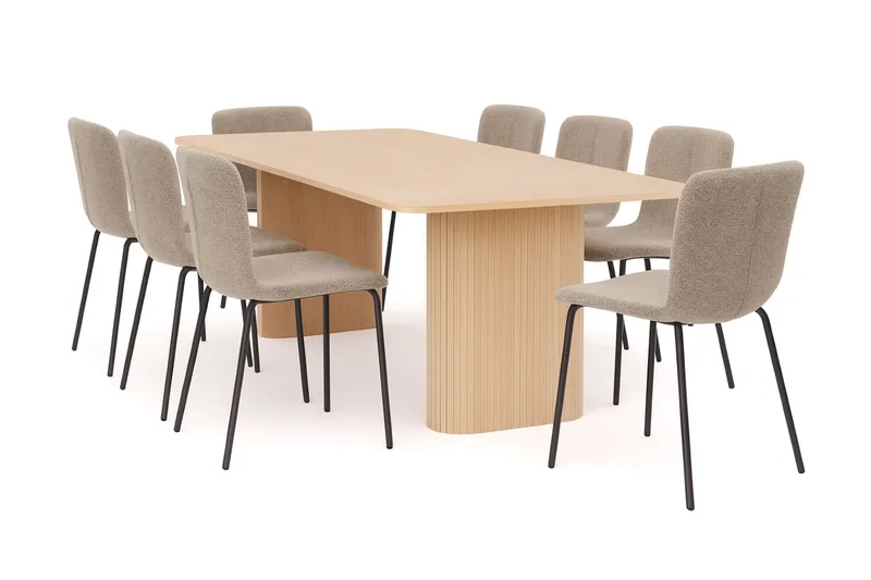 Kopparbo Matbord 200-260 cm Förlängningsbart med illäggsskiv med 8 Katy Matstolar, Vit / Greige Bouclé / Metallben Svart