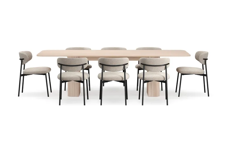 Kopparbo Matbord 200-260 cm Förlängningsbart med illäggsskiv med 8 Lucy Matstolar - Vit / Greige Bouclé / Metallben Svart - Möbler - Matplats - Matgrupp & matbord med stolar