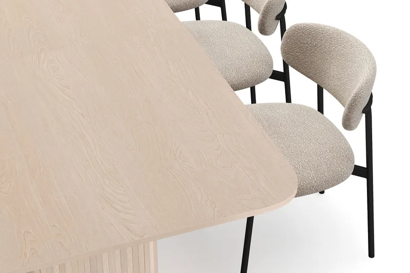 Kopparbo Matbord 200-260 cm Förlängningsbart med illäggsskiv med 8 Lucy Matstolar - Vit / Greige Bouclé / Metallben Svart - Möbler - Matplats - Matgrupp & matbord med stolar