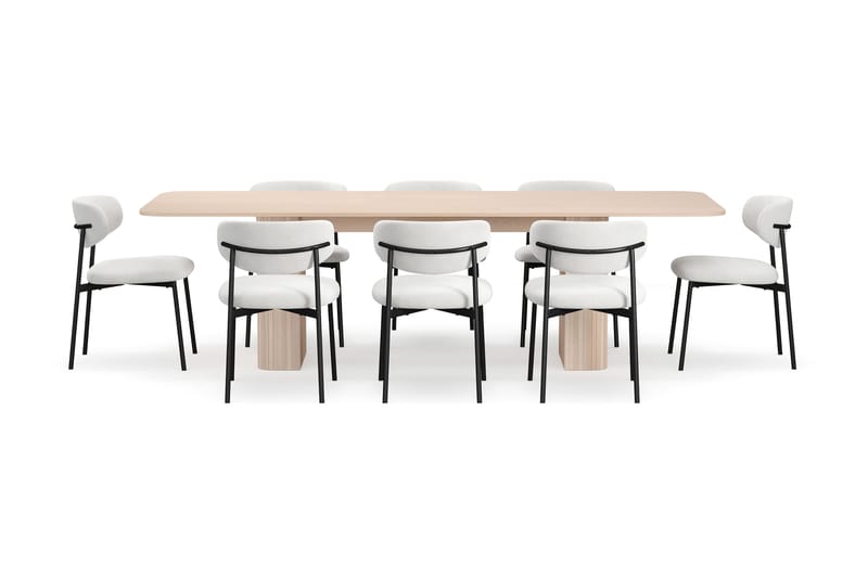 Kopparbo Matbord 200-260 cm Förlängningsbart med illäggsskiv med 8 Lucy Matstolar - Vit / Vit Bouclé / Metallben Svart - Möbler - Matplats - Matgrupp & matbord med stolar