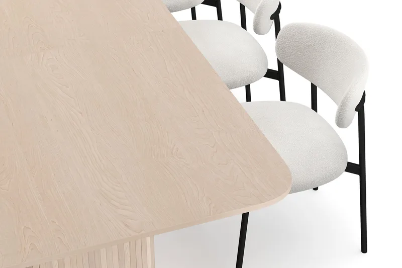 Kopparbo Matbord 200-260 cm Förlängningsbart med illäggsskiv med 8 Lucy Matstolar - Vit / Vit Bouclé / Metallben Svart - Möbler - Matplats - Matgrupp & matbord med stolar