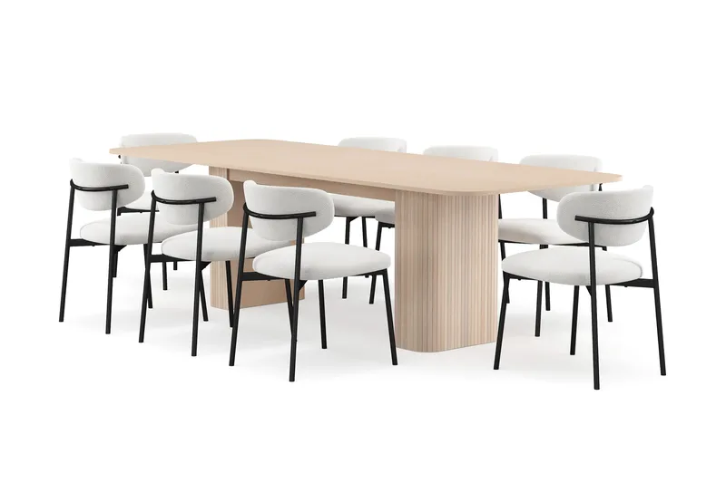 Kopparbo Matbord 200-260 cm Förlängningsbart med illäggsskiv med 8 Lucy Matstolar - Vit / Vit Bouclé / Metallben Svart - Möbler - Matplats - Matgrupp & matbord med stolar