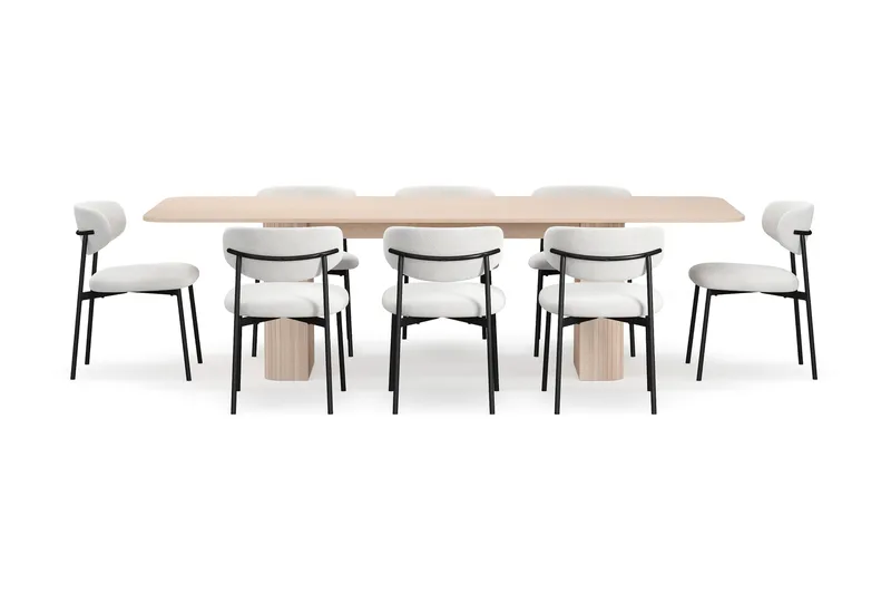 Kopparbo Matbord 200-260 cm Förlängningsbart med illäggsskiv med 8 Lucy Matstolar - Vit / Vit Bouclé / Metallben Svart - Möbler - Matplats - Matgrupp & matbord med stolar