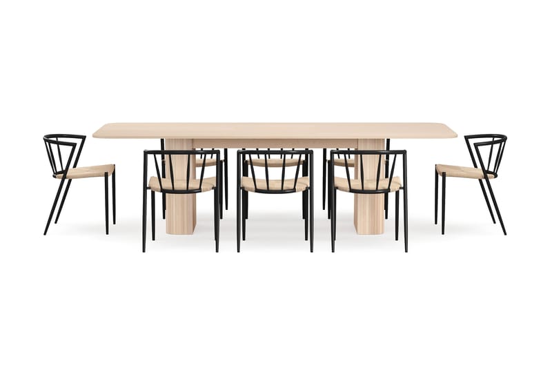 Kopparbo Matbord 200-260 cm Förlängningsbart med illäggsskiv med 8 Winston Matstolar - Vit / Beige / Metallben Svart - Möbler - Matplats - Matgrupp & matbord med stolar