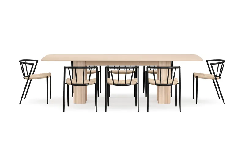 Kopparbo Matbord 200-260 cm Förlängningsbart med illäggsskiv med 8 Winston Matstolar - Vit / Beige / Metallben Svart - Möbler - Matplats - Matgrupp & matbord med stolar