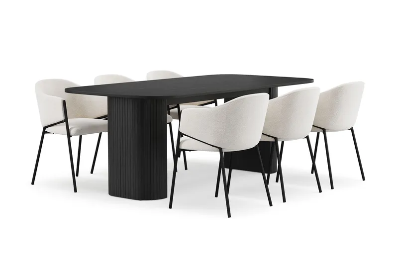 Kopparbo Matbord 200 cm med 6 Filip Matstolar, Svart / Vit Bouclé