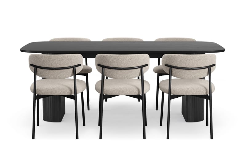 Kopparbo Matbord 200 cm med 6 Lucy Matstolar - Svart / Greige Bouclé / Metallben Svart - Möbler - Matplats - Matgrupp & matbord med stolar