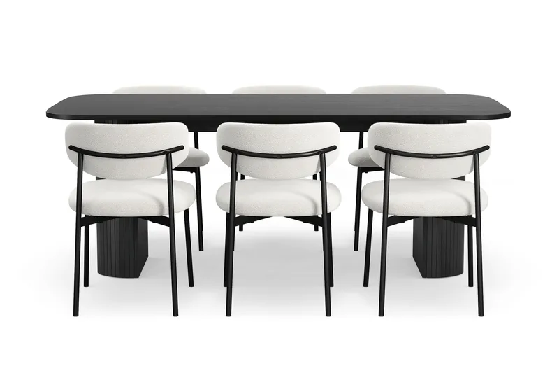 Kopparbo Matbord 200 cm med 6 Lucy Matstolar - Svart / Vit Bouclé / Metallben Svart - Möbler - Matplats - Matgrupp & matbord med stolar