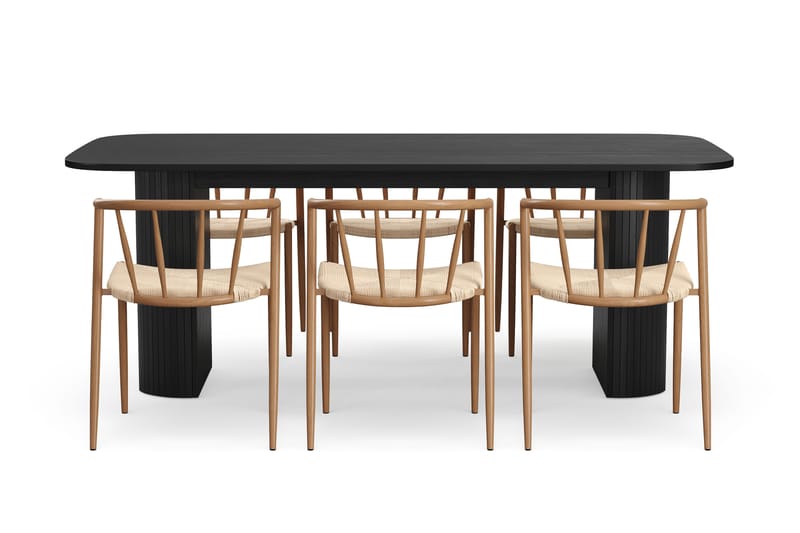 Kopparbo Matbord 200 cm med 6 Winston Matstolar - Svart / Beige / Metallben Ek - Möbler - Matplats - Matgrupp & matbord med stolar