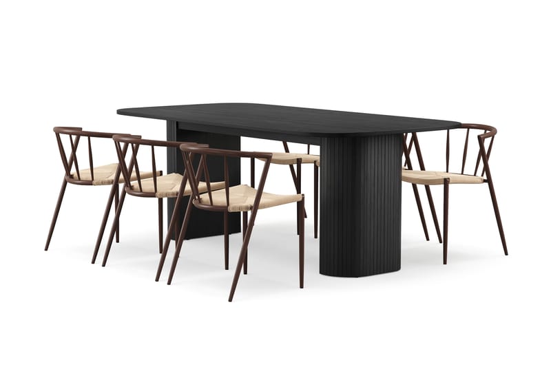 Kopparbo Matbord 200 cm med 6 Winston Matstolar, Svart / Beige / Metallben Rökt ek
