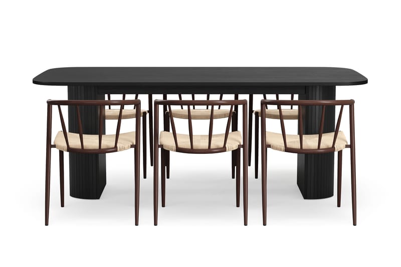 Kopparbo Matbord 200 cm med 6 Winston Matstolar - Svart / Beige / Metallben Rökt ek - Möbler - Matplats - Matgrupp & matbord med stolar