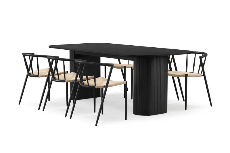 Kopparbo Matbord 200 cm med 6 Winston Matstolar, Svart / Beige / Metallben Svart