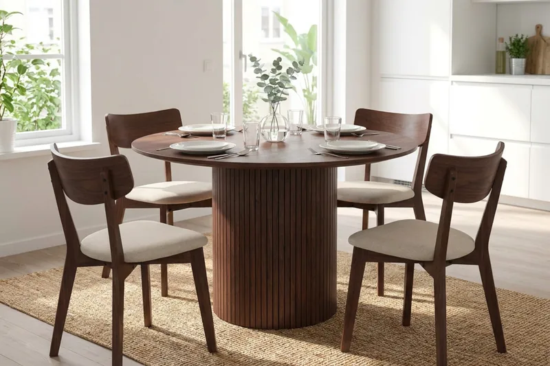 Kopparbo Matgrupp 110 cm runt i Valnöt med 4 Amelia Matstolar med Dyna - Valnöt/Beige - Möbler - Matplats - Matgrupp & matbord med stolar