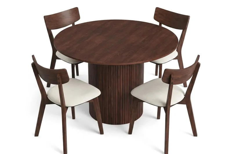 Kopparbo Matgrupp 110 cm runt i Valnöt med 4 Amelia Matstolar med Dyna - Valnöt/Beige - Möbler - Matplats - Matgrupp & matbord med stolar