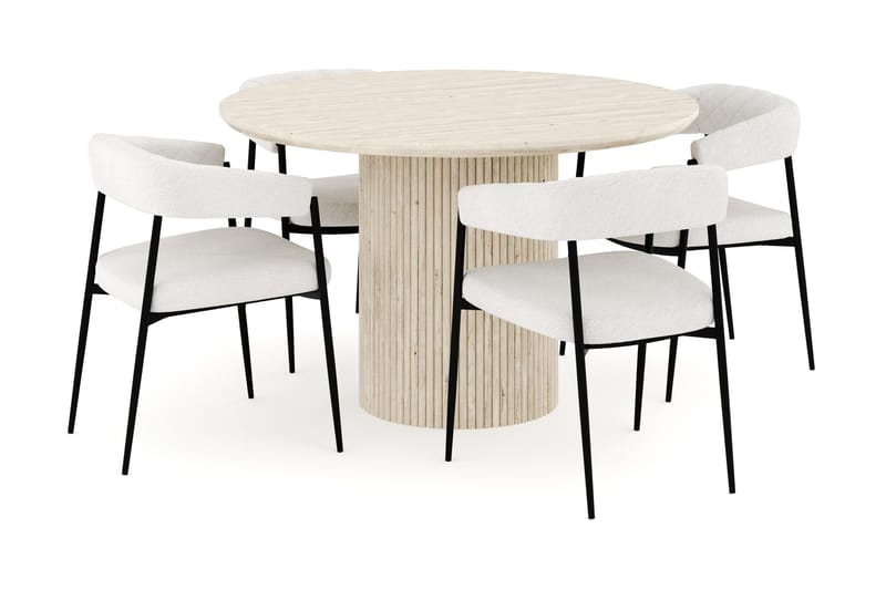 Kopparbo Matgrupp 120 cm Rund med 4 Ayana Matstolar, Travetin