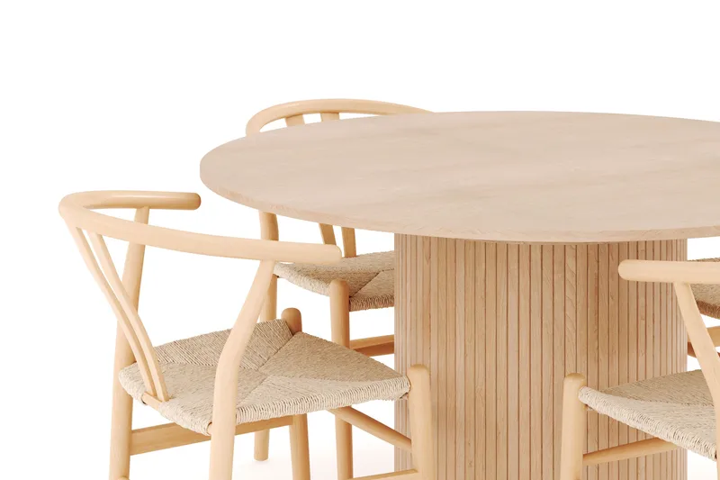 Kopparbo Matgrupp 130 cm Rund Förlängningsbart med 4 Dastoori Matstolar - Whitewash - Möbler - Matplats - Matgrupp & matbord med stolar