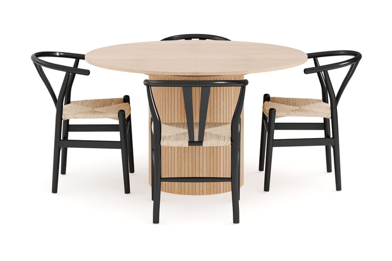 Kopparbo Matgrupp 130 cm Rund Förlängningsbart med 4 Dastoori Matstolar - Whitewash - Möbler - Matplats - Matgrupp & matbord med stolar