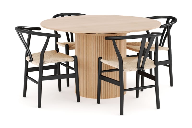Kopparbo Matgrupp 130 cm Rund Förlängningsbart med 4 Dastoori Matstolar - Whitewash - Möbler - Matplats - Matgrupp & matbord med stolar