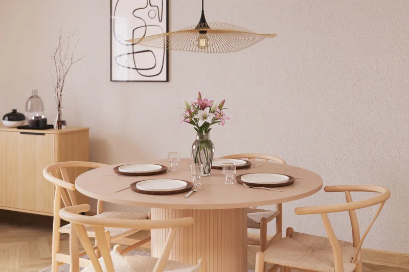 Kopparbo Matgrupp 130 cm Rund med 4 Dastoori Matstol - 2220068-4,2223288-1 - Beige - Möbler - Matplats - Matgrupp & matbord med stolar