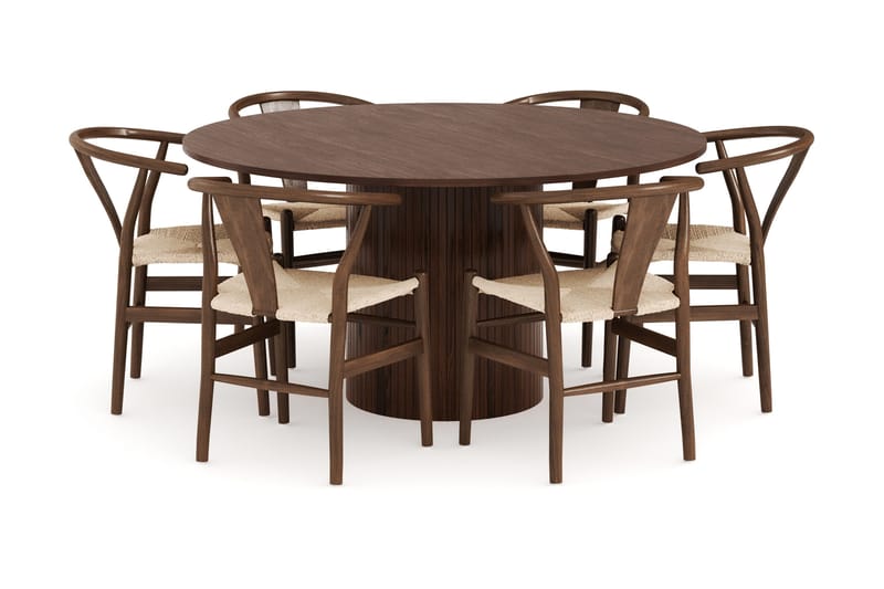 Kopparbo Matgrupp 150 cm Rund med 6 Dastoori Matstolar - Valnöt - Möbler - Matplats - Matgrupp & matbord med stolar
