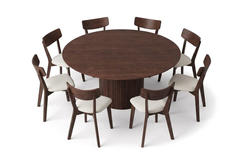 Kopparbo Matgrupp 180 cm runt i Valnöt med 8 Amelia Matstolar med Dyna - Valnöt/Beige - Möbler - Matplats - Matgrupp & matbord med stolar