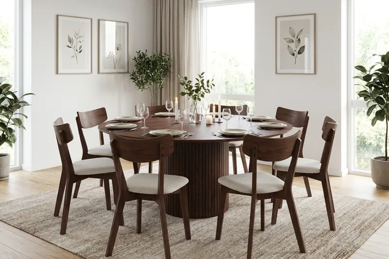 Kopparbo Matgrupp 180 cm runt i Valnöt med 8 Amelia Matstolar med Dyna - Valnöt/Beige - Möbler - Matplats - Matgrupp & matbord med stolar