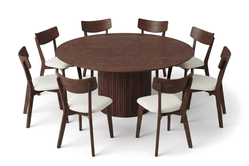 Kopparbo Matgrupp 180 cm runt i Valnöt med 8 Amelia Matstolar med Dyna, Valnöt/Beige