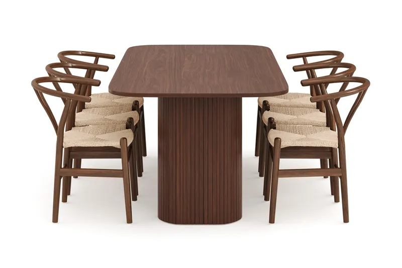Kopparbo Matgrupp 200 cm med 6 Dastoori Matstol - Brun / Beige / Trä / Ribbad - Möbler - Matplats - Matgrupp & matbord med stolar