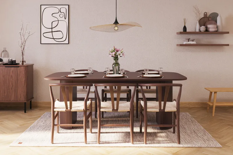 Kopparbo Matgrupp 200 cm med 6 Dastoori Matstol - Brun / Beige / Trä / Ribbad - Möbler - Matplats - Matgrupp & matbord med stolar