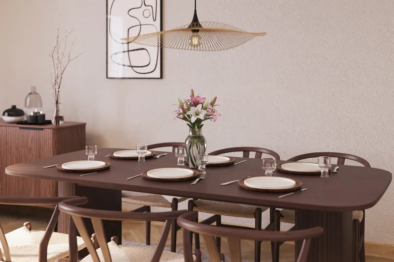 Kopparbo Matgrupp 200 cm med 6 Dastoori Matstol - Brun / Beige / Trä / Ribbad - Möbler - Matplats - Matgrupp & matbord med stolar