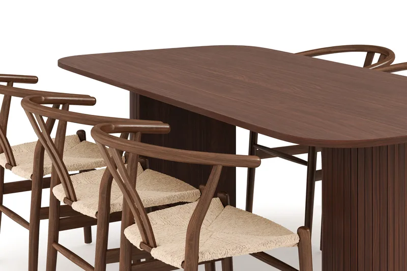 Kopparbo Matgrupp 200 cm med 6 Dastoori Matstol - Brun / Beige / Trä / Ribbad - Möbler - Matplats - Matgrupp & matbord med stolar