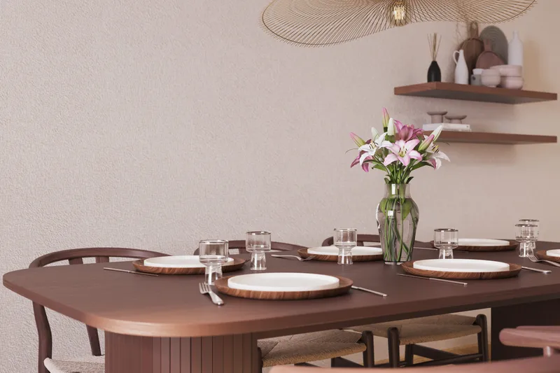 Kopparbo Matgrupp 200 cm med 6 Dastoori Matstol - Brun / Beige / Trä / Ribbad - Möbler - Matplats - Matgrupp & matbord med stolar