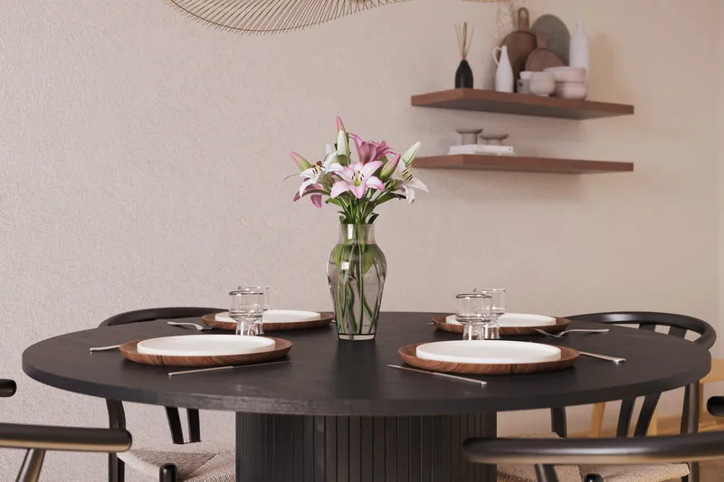 Kopparbo Matgrupp förlängningsbart 130-180 cm Rund med 4 Dastoori Matstol - 2220067-4,2229282-1 - Svart - Möbler - Matplats - Matgrupp & matbord med stolar