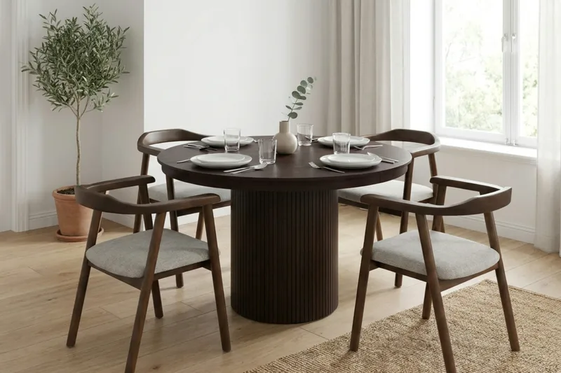 Kopparbo Matgrupp Förlängningsbart runt 120-220 cm Rökt Ek med 4 Jolie Matstolar - Möbler - Matplats - Matgrupp & matbord med stolar