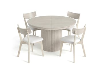 Kopparbo Matgrupp Förlängningsbart runt 120-220 cm Vitlaserad med 4 Amelia Matstolar med Dyna - Vitlaserad/Beige - Möbler - Matplats - Matgrupp & matbord med stolar
