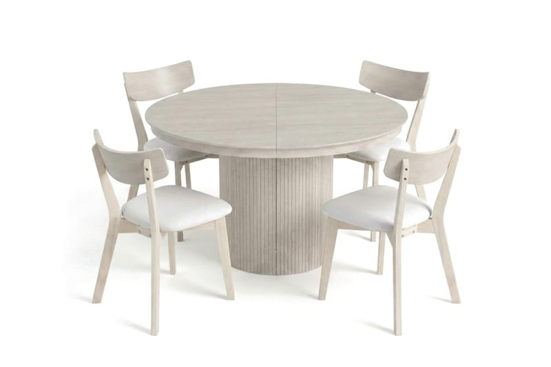 Kopparbo Matgrupp Förlängningsbart runt 120-220 cm Vitlaserad med 4 Amelia Matstolar med Dyna - Vitlaserad/Beige - Möbler - Matplats - Matgrupp & matbord med stolar