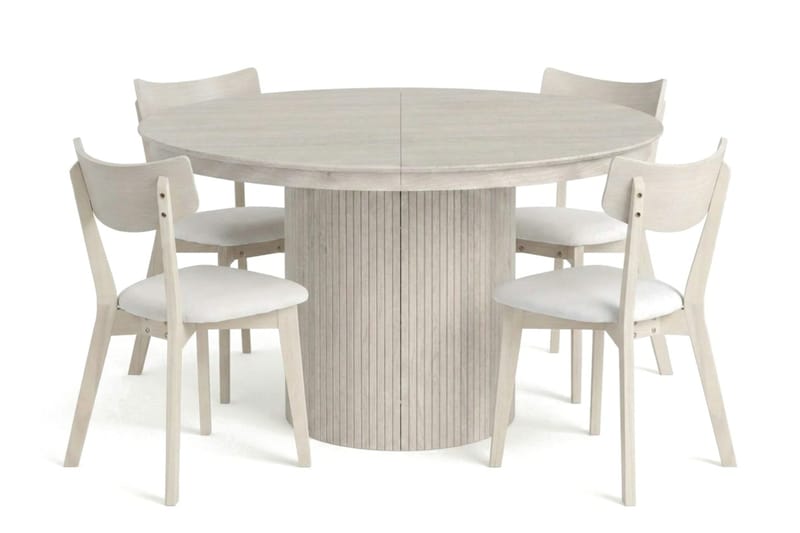 Kopparbo Matgrupp Förlängningsbart runt 120-220 cm Vitlaserad med 4 Amelia Matstolar med Dyna, Vitlaserad/Beige